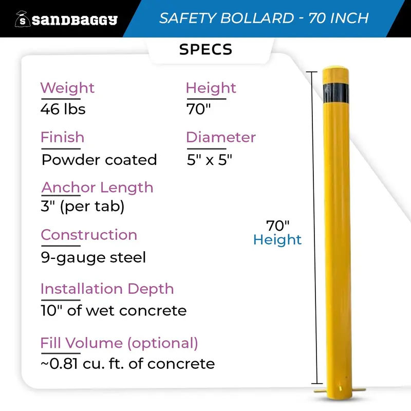 70" Steel Pipe Safety Bollard – In Ground Protection Post (Yellow) 2