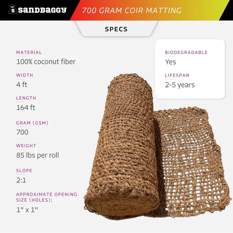700 Gram Coir Matting (4 Ft X 164 Ft) - Erosion Control Netting (Biodegradable) 3