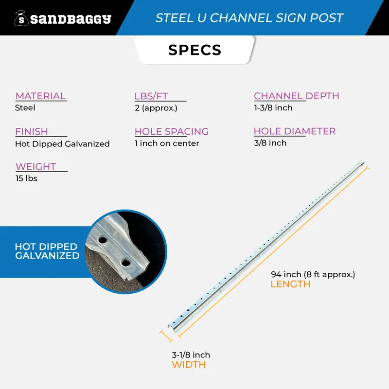 8 Ft Steel U Channel Sign Post - Galvanized 2