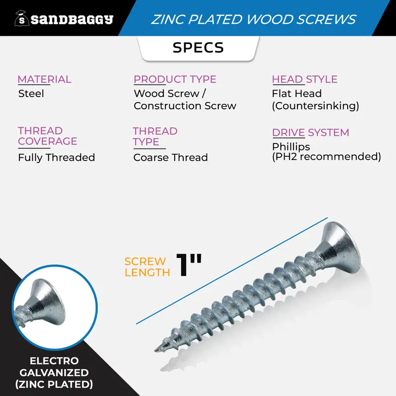 #8 X 1" Zinc Plated Flat Head Wood Screw (Phillips Drive) 2