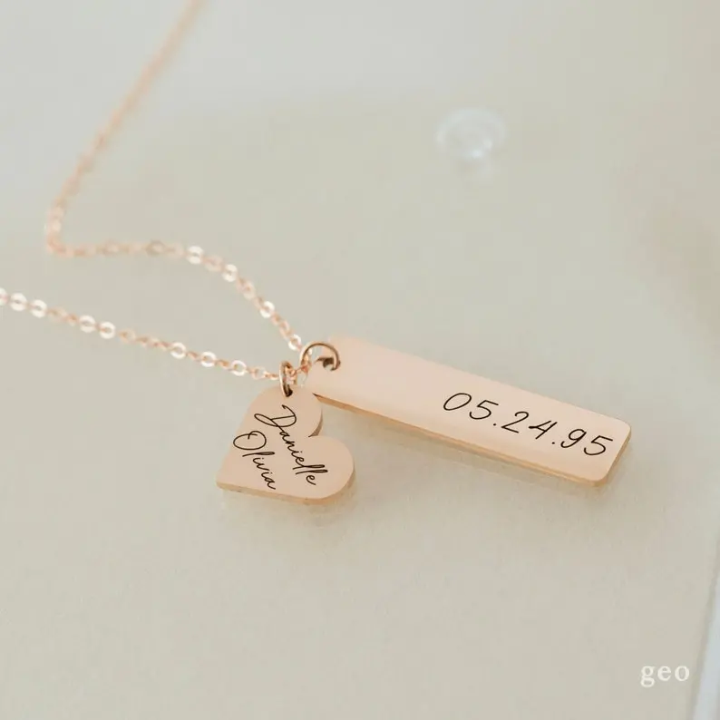 A Luxury Necklace With A Heart And Rectangle Design And Customizable Name 4