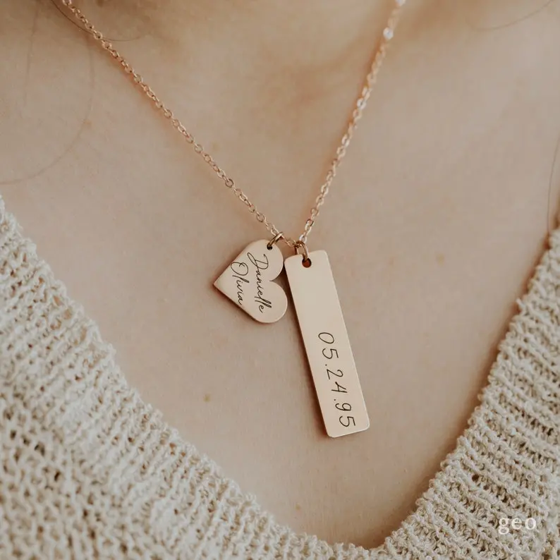 A Luxury Necklace With A Heart And Rectangle Design And Customizable Name 5
