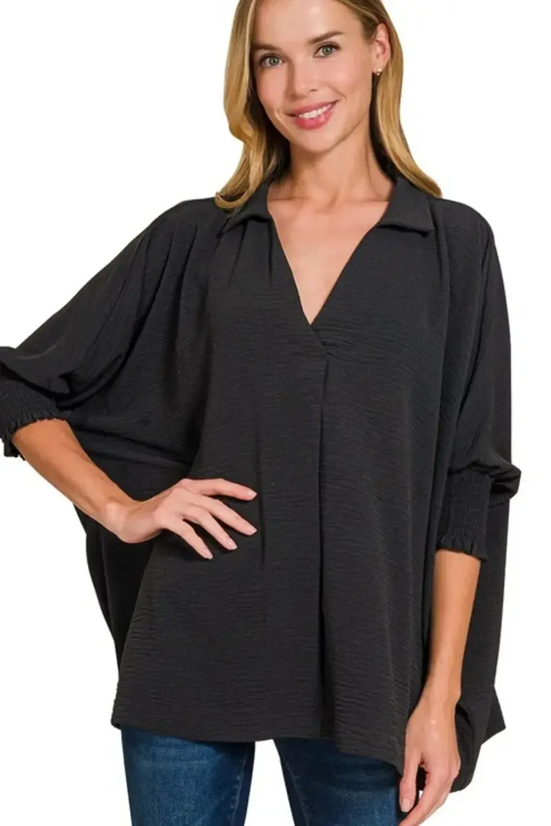 Airflow Collar Tee With Smocked Sleeve Band Top 1