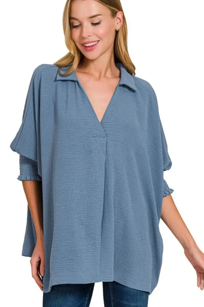 Airflow Collar Tee With Smocked Sleeve Band Top 1