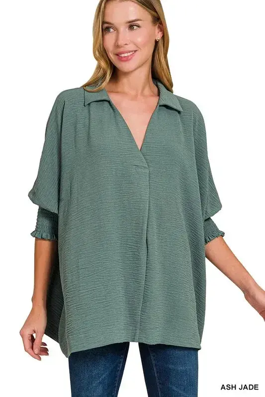 Airflow Collar Tee With Smocked Sleeve Band Top 1