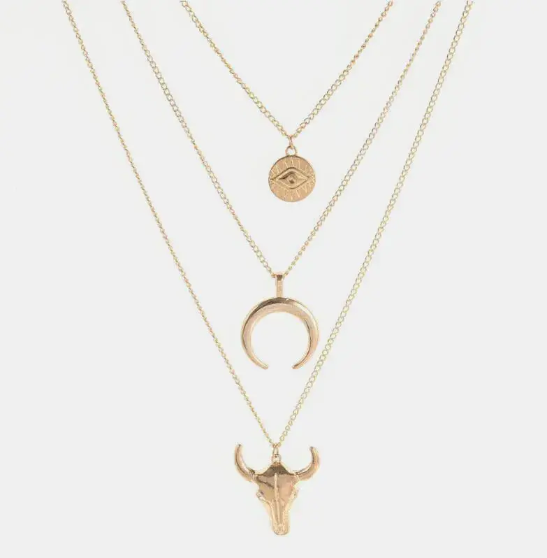 Alloy Three-Layered Bull Head Pendant Necklace 1