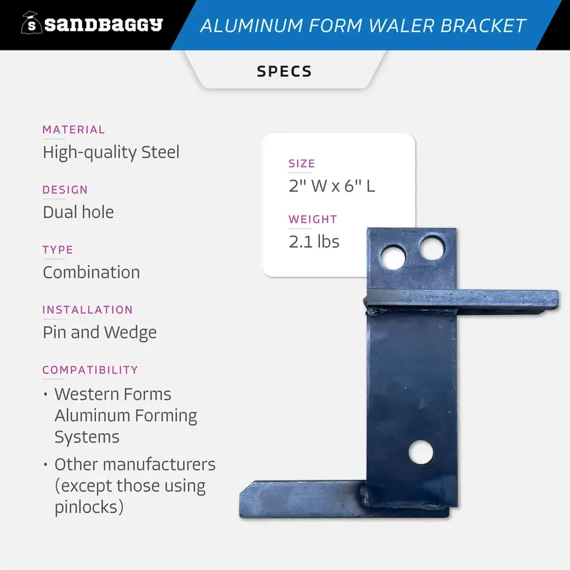 Aluminum Concrete Form Waler Bracket - Dual Hole Design - 2" W X 6" L 3