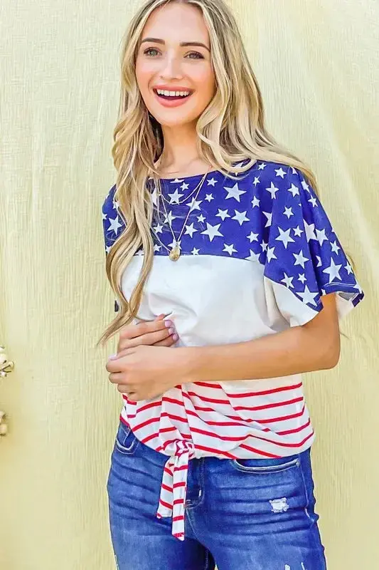 American Flag Print Tie Knot Front Casual Top 1