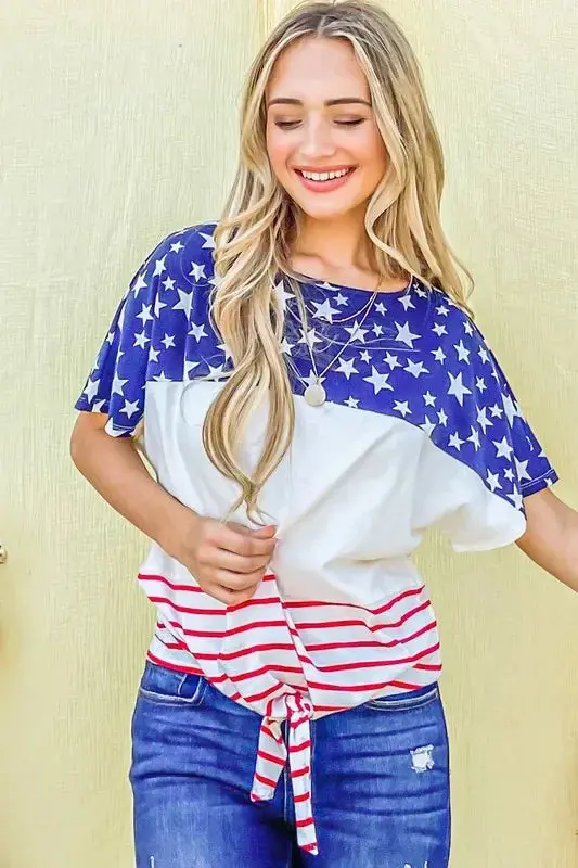 American Flag Print Tie Knot Front Casual Top 2