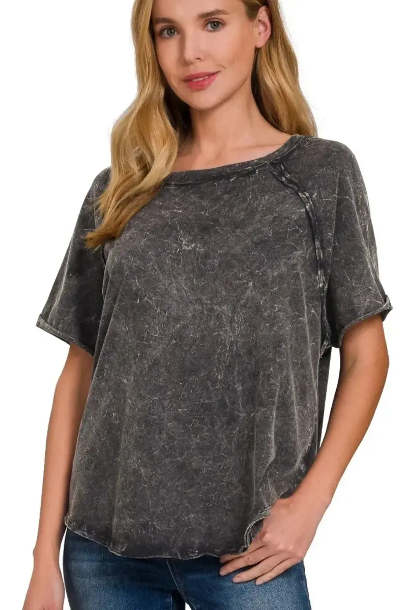 Back Patch Crinkle Washed Raglan Sleeve T-Shirts 1