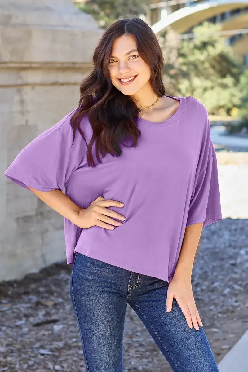 Bamboo Full Size Round Neck Drop Shoulder T-Shirt 1