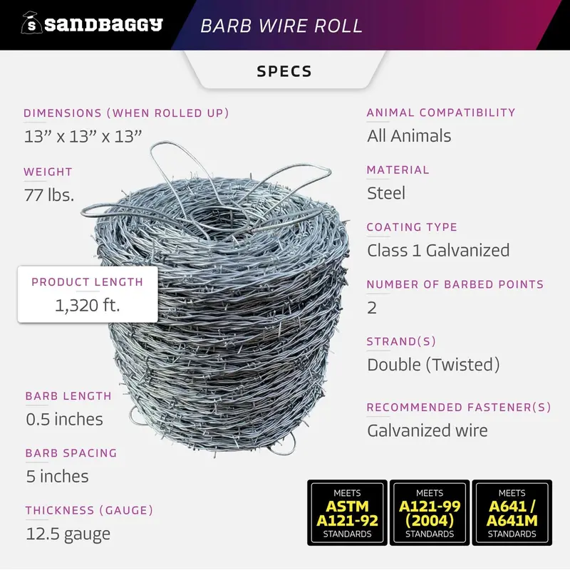 Barb Wire Roll (1320 Ft) - 2 Point, Double Strand Twisted Wire - 12.5 Gauge Galvanized Steel 2