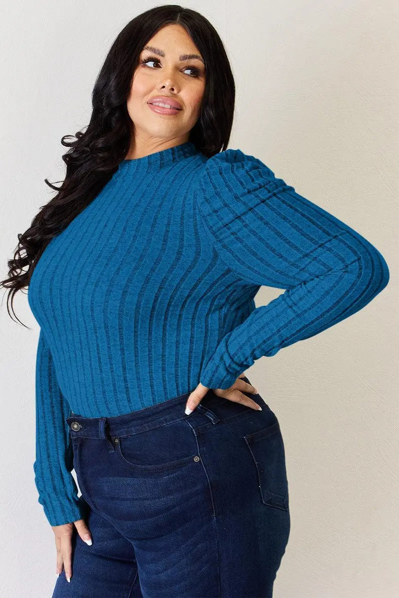 Basic Bae Full Size Ribbed Mock Neck Puff Sleeve T-Shirt 13