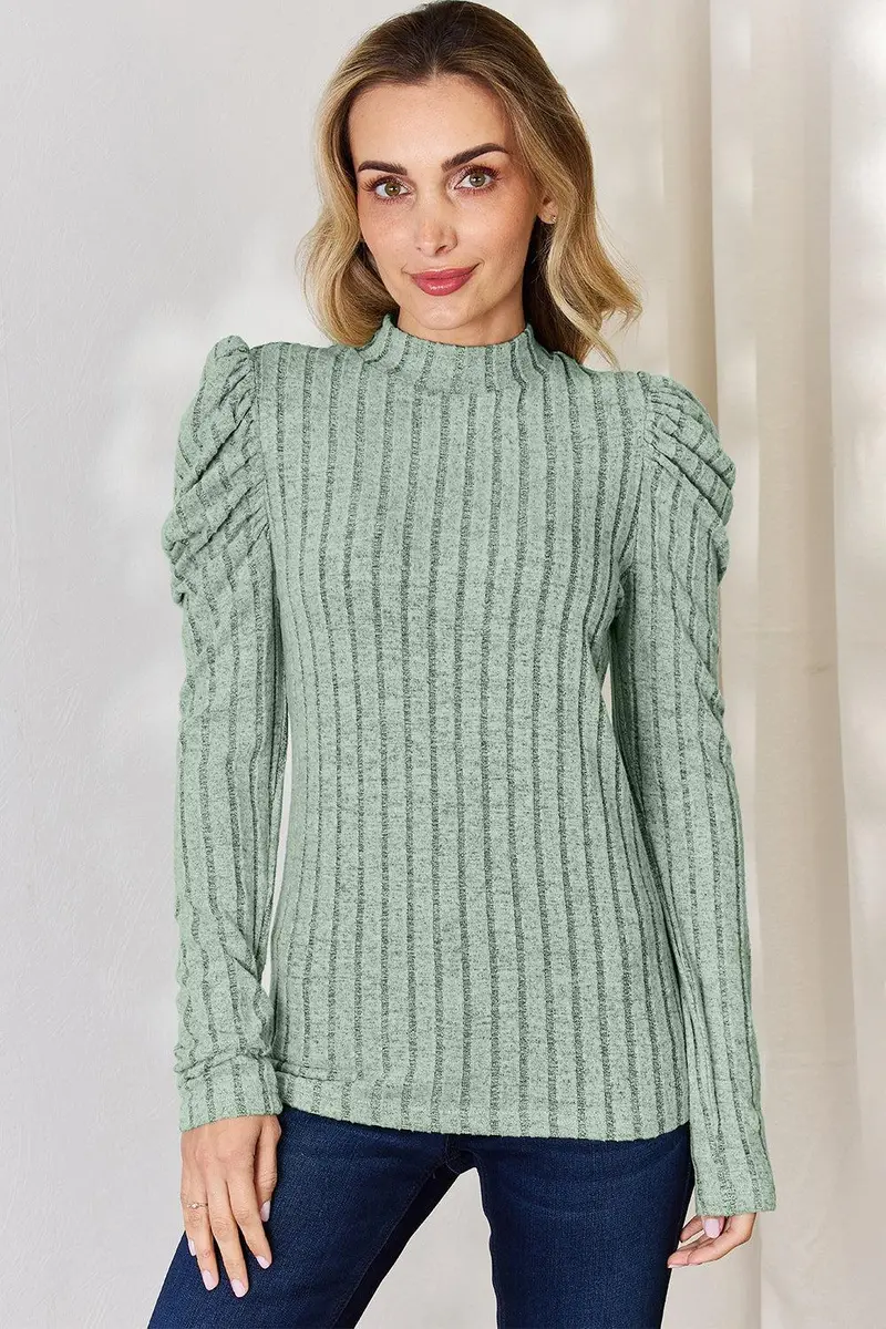 Basic Bae Full Size Ribbed Mock Neck Puff Sleeve T-Shirt 16