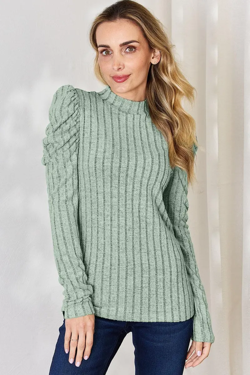 Basic Bae Full Size Ribbed Mock Neck Puff Sleeve T-Shirt 17
