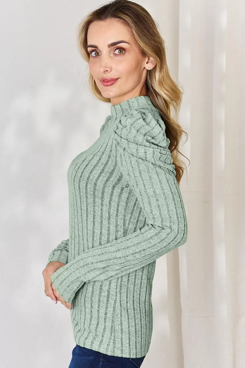 Basic Bae Full Size Ribbed Mock Neck Puff Sleeve T-Shirt 18