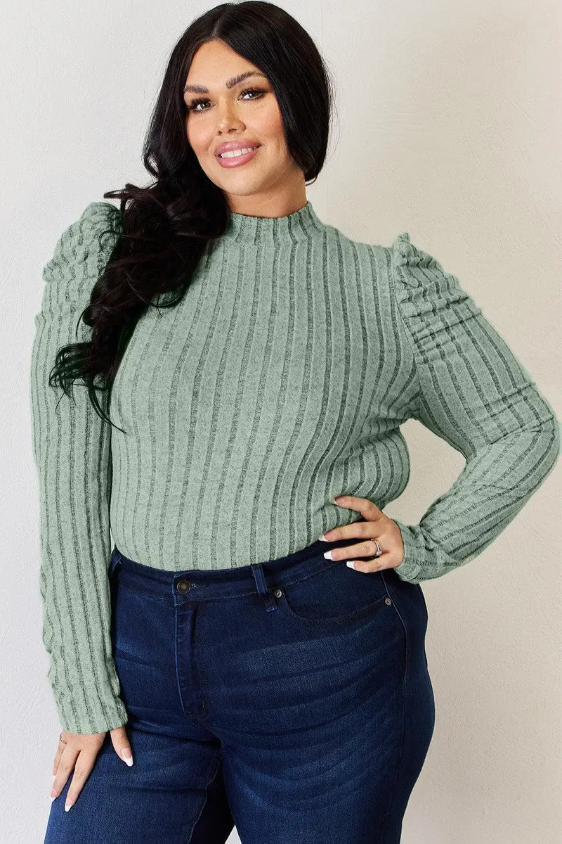 Basic Bae Full Size Ribbed Mock Neck Puff Sleeve T-Shirt 19
