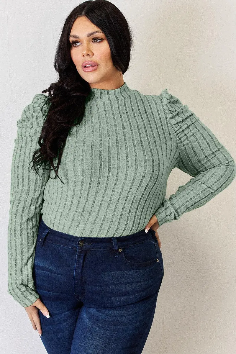 Basic Bae Full Size Ribbed Mock Neck Puff Sleeve T-Shirt 21