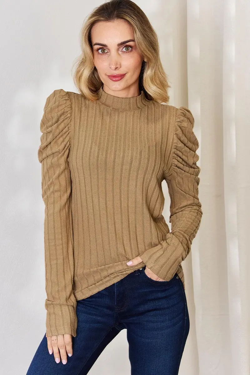 Basic Bae Full Size Ribbed Mock Neck Puff Sleeve T-Shirt 24