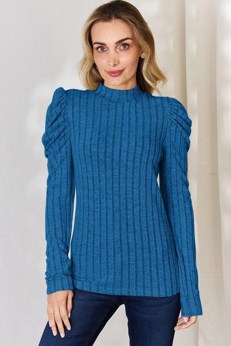Basic Bae Full Size Ribbed Mock Neck Puff Sleeve T-Shirt 8