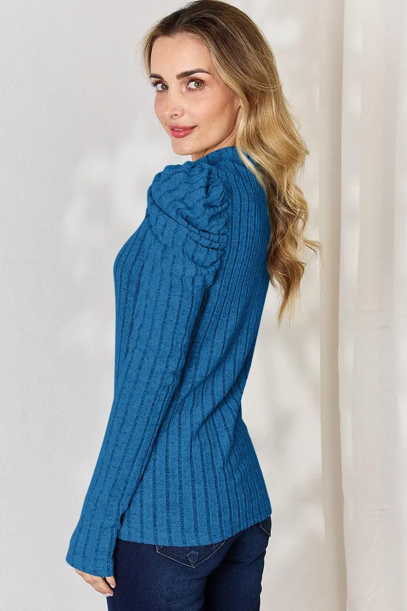Basic Bae Full Size Ribbed Mock Neck Puff Sleeve T-Shirt 9