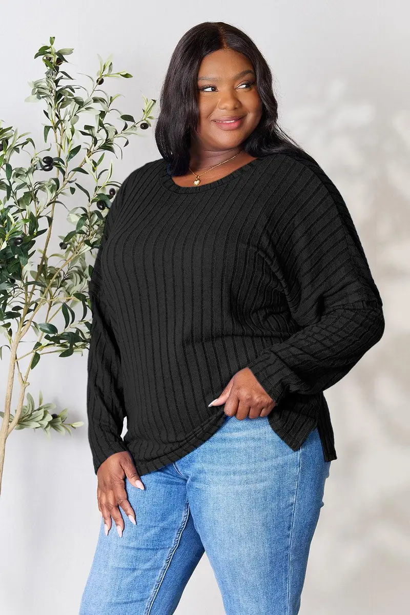 Basic Bae Full Size Ribbed Round Neck Slit Knit Top 10