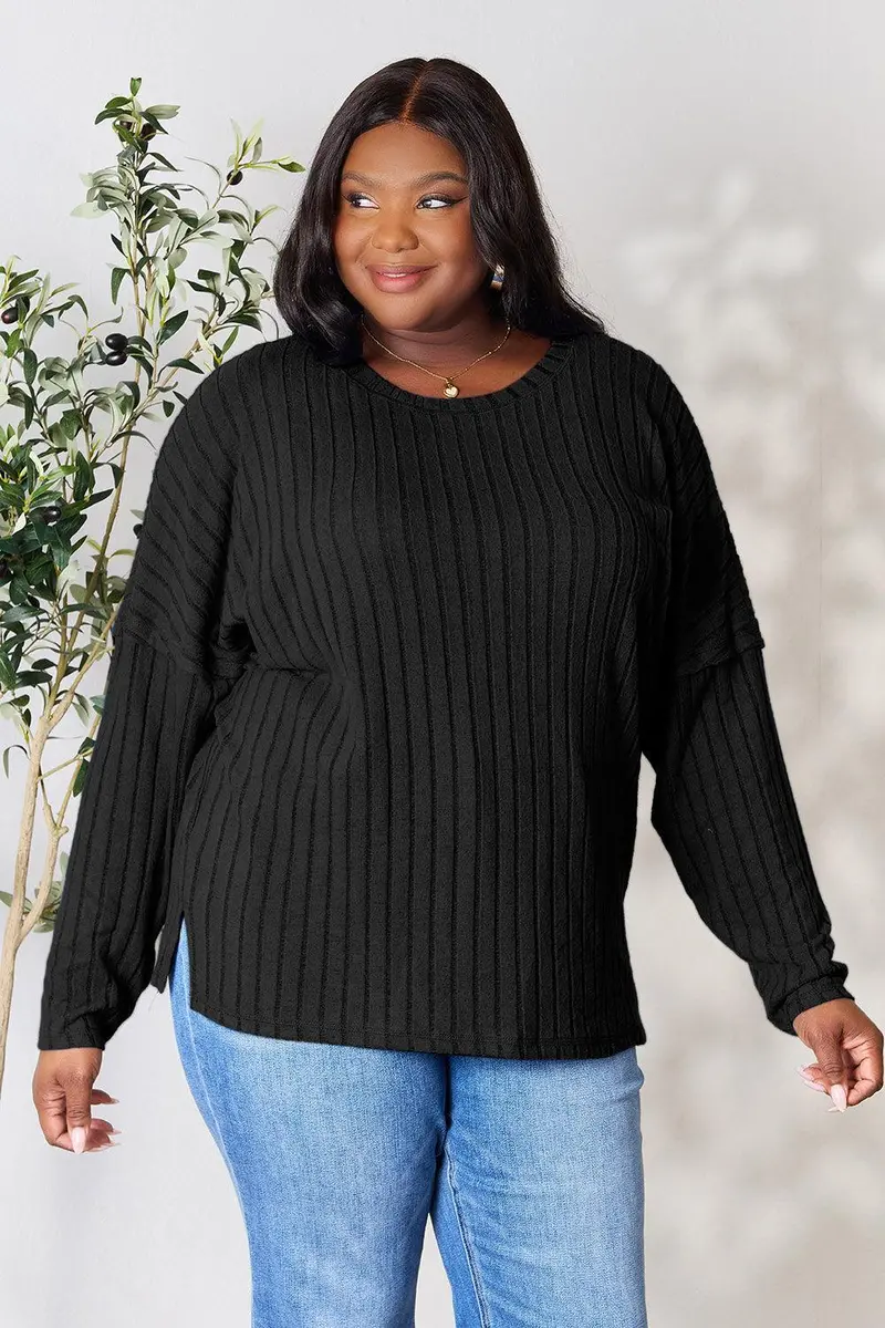 Basic Bae Full Size Ribbed Round Neck Slit Knit Top 12