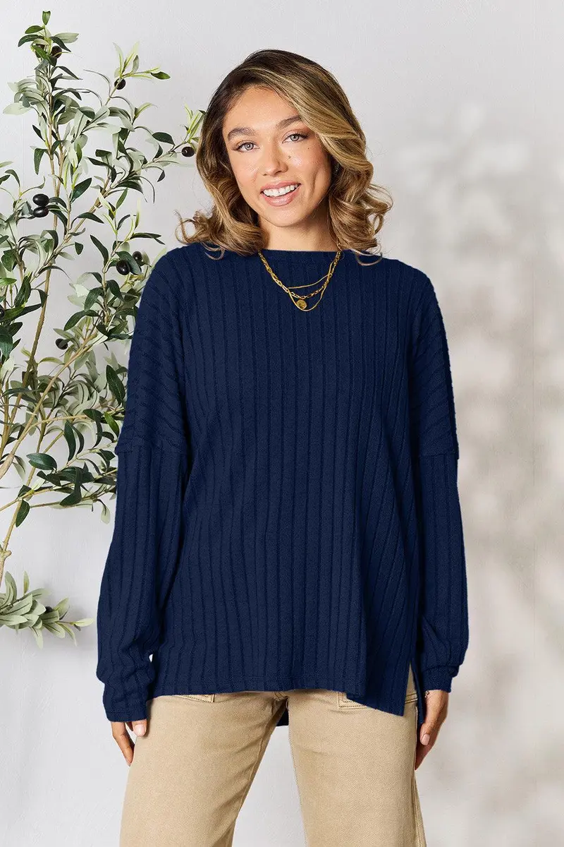Basic Bae Full Size Ribbed Round Neck Slit Knit Top 13