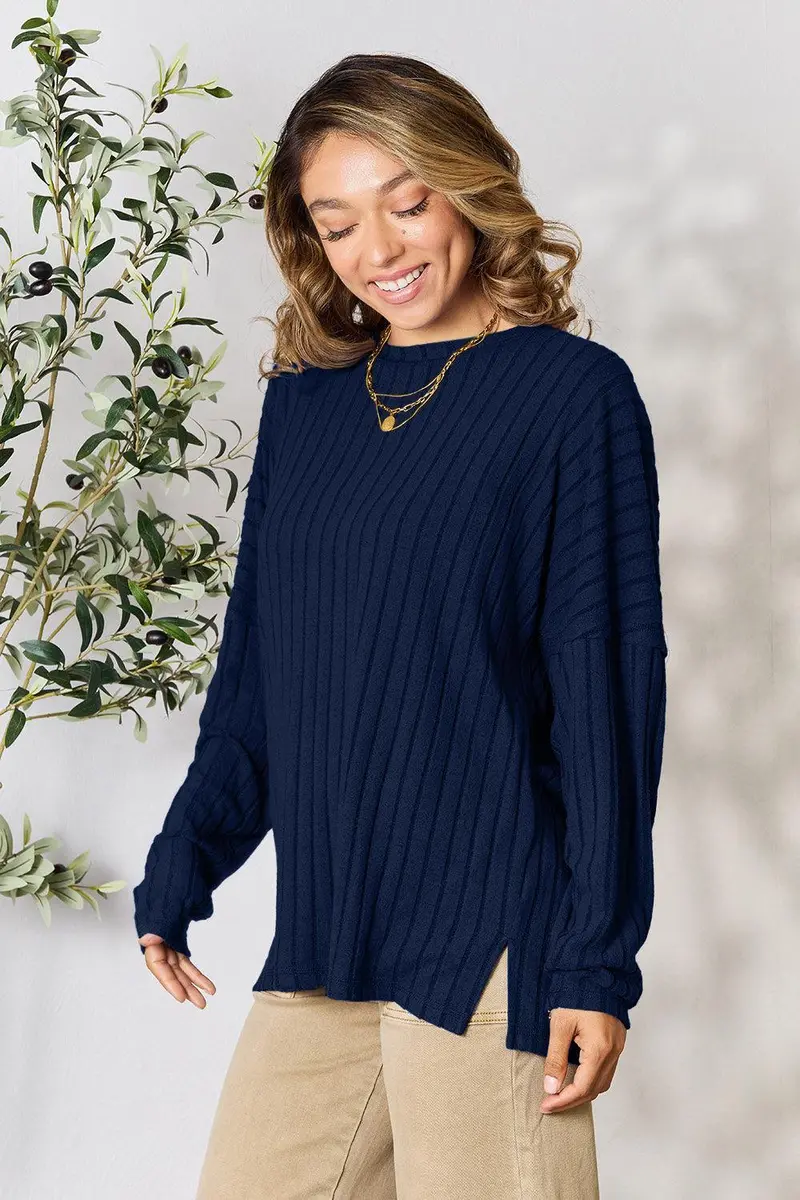 Basic Bae Full Size Ribbed Round Neck Slit Knit Top 15