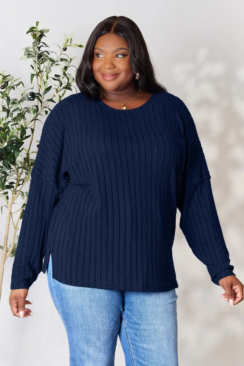 Basic Bae Full Size Ribbed Round Neck Slit Knit Top 16