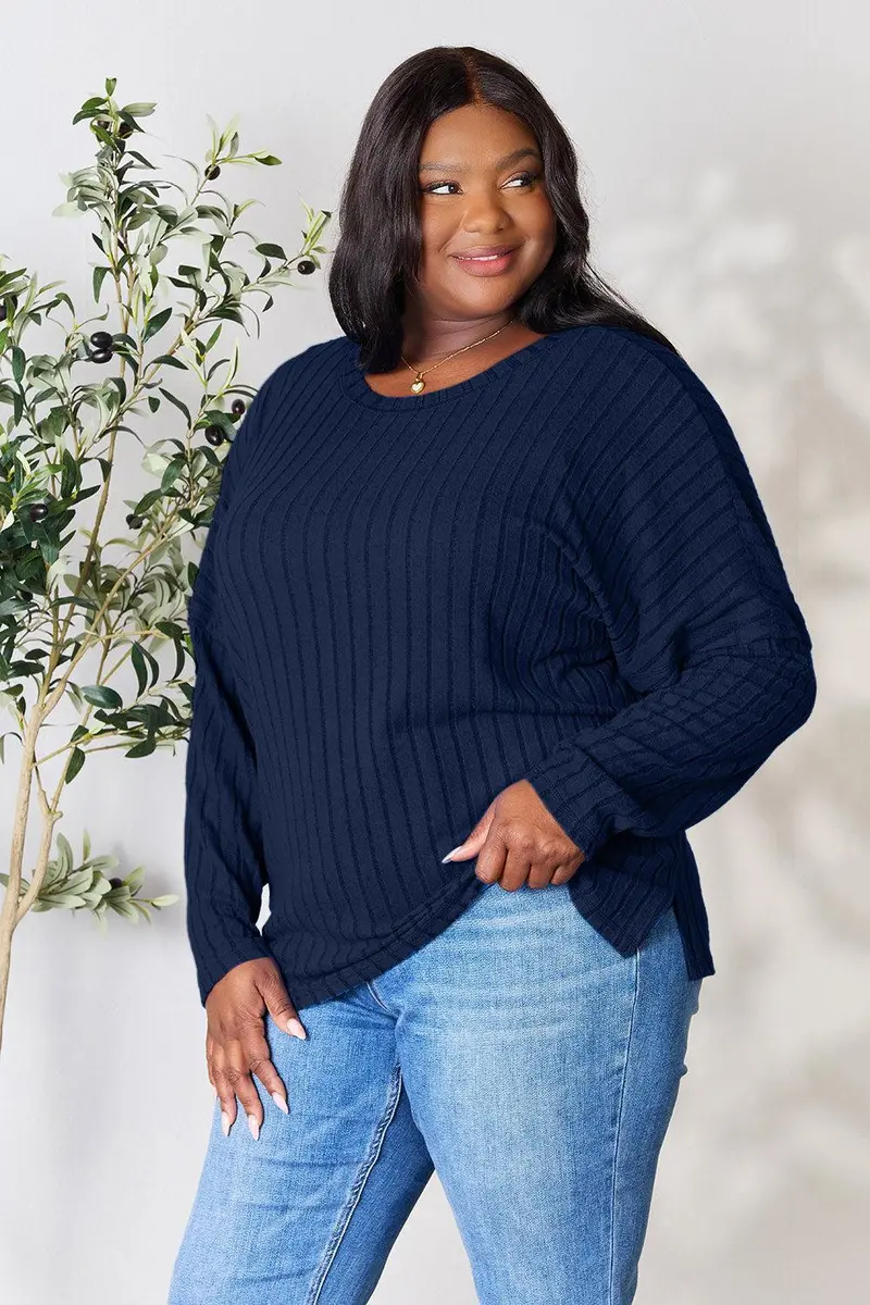 Basic Bae Full Size Ribbed Round Neck Slit Knit Top 17