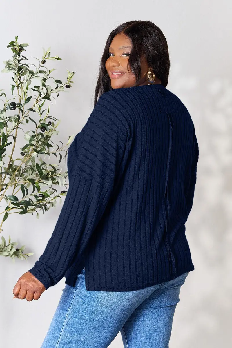Basic Bae Full Size Ribbed Round Neck Slit Knit Top 18