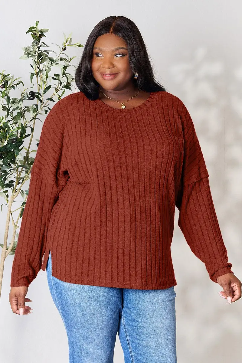 Basic Bae Full Size Ribbed Round Neck Slit Knit Top 22