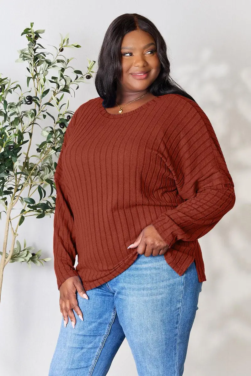Basic Bae Full Size Ribbed Round Neck Slit Knit Top 23