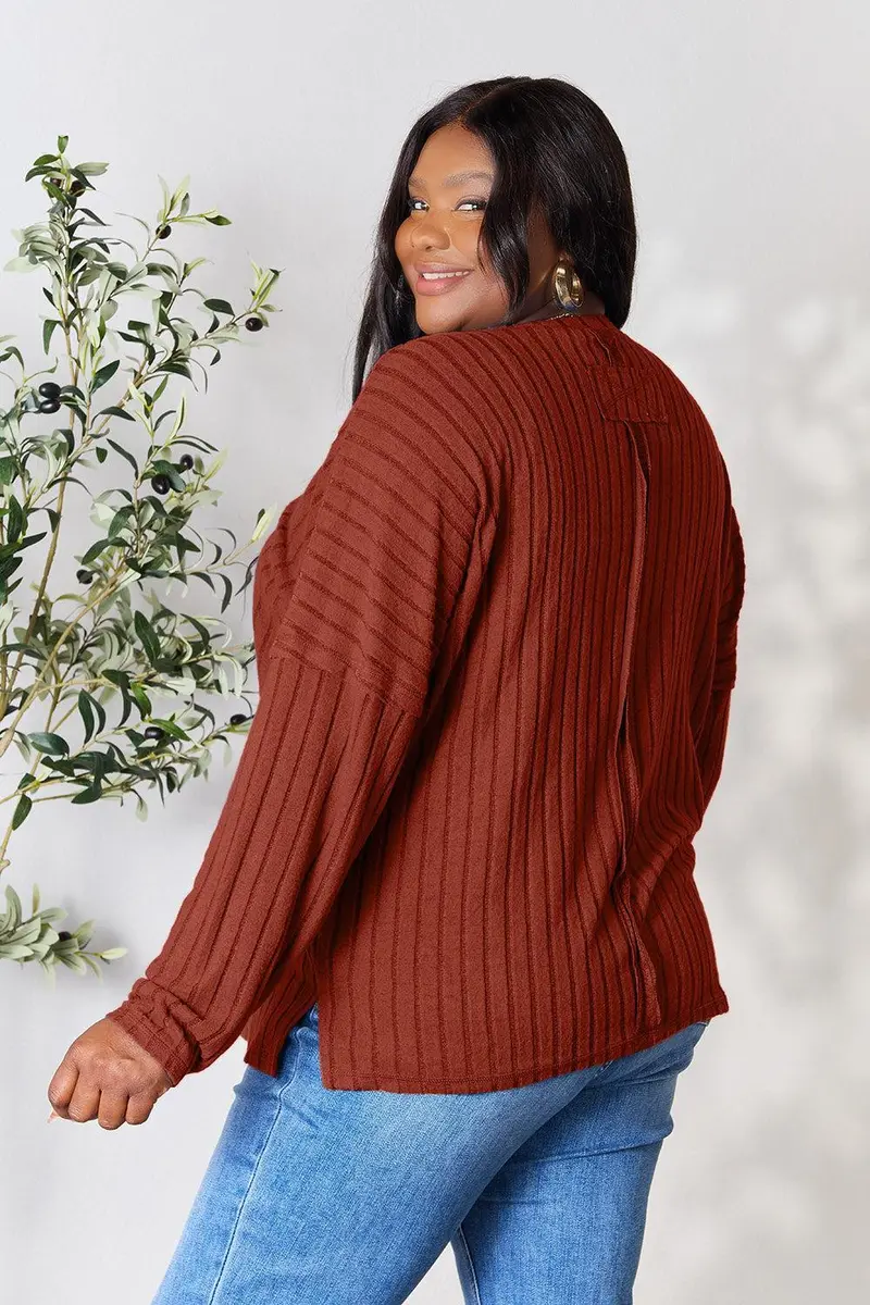 Basic Bae Full Size Ribbed Round Neck Slit Knit Top 24