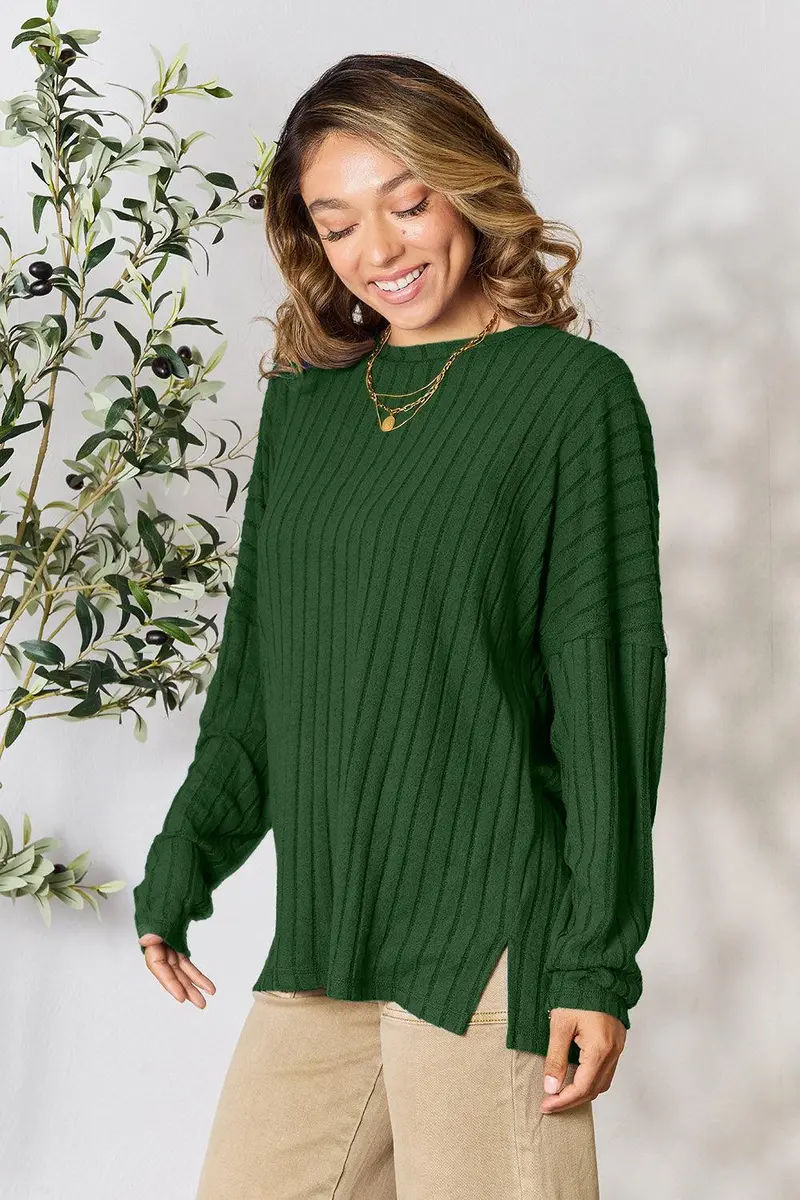 Basic Bae Full Size Ribbed Round Neck Slit Knit Top 27