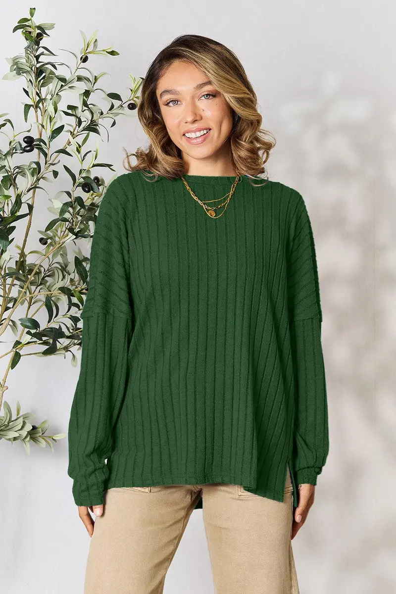 Basic Bae Full Size Ribbed Round Neck Slit Knit Top 28