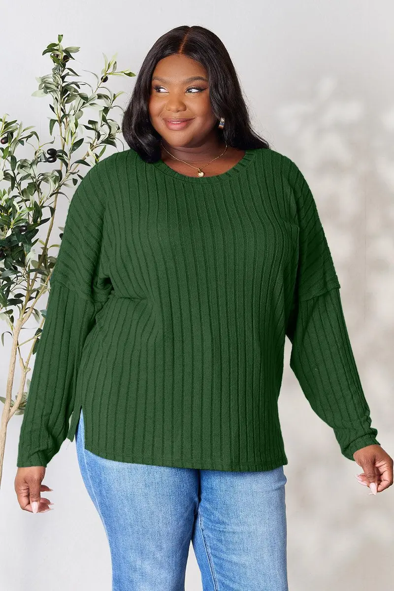 Basic Bae Full Size Ribbed Round Neck Slit Knit Top 30