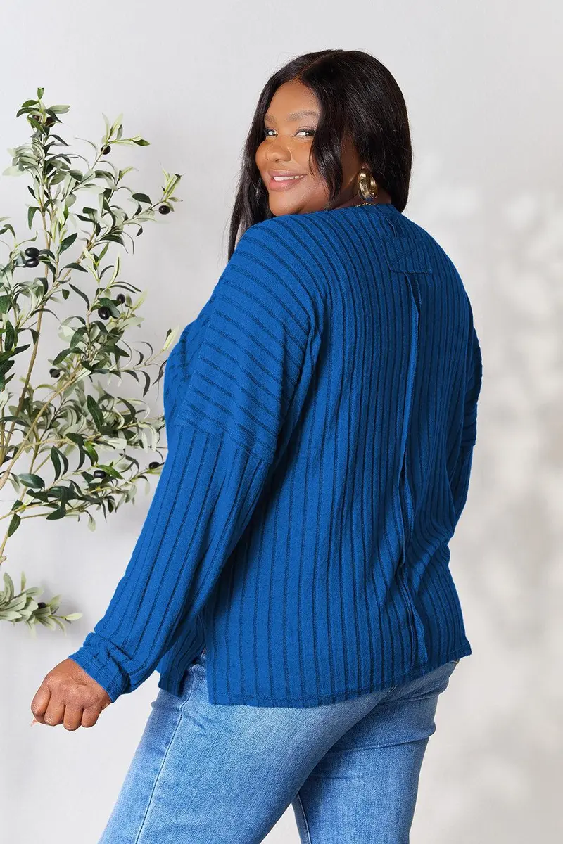 Basic Bae Full Size Ribbed Round Neck Slit Knit Top 4