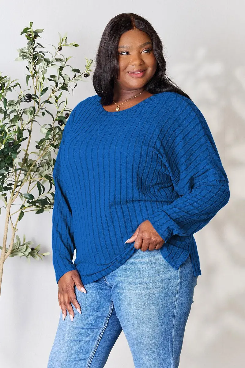 Basic Bae Full Size Ribbed Round Neck Slit Knit Top 5