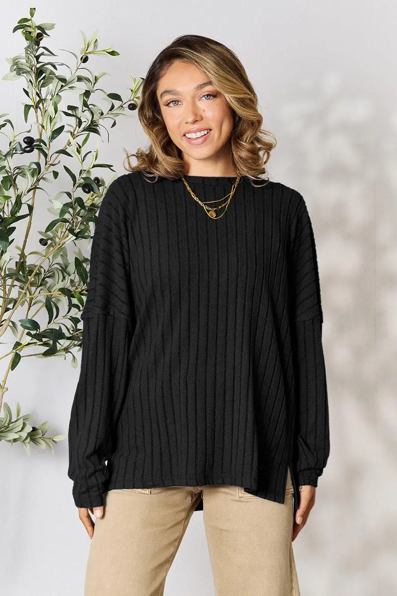 Basic Bae Full Size Ribbed Round Neck Slit Knit Top 7