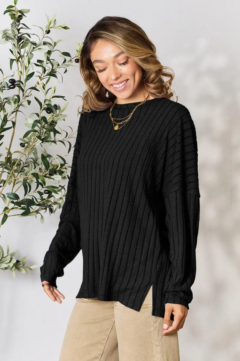 Basic Bae Full Size Ribbed Round Neck Slit Knit Top 8