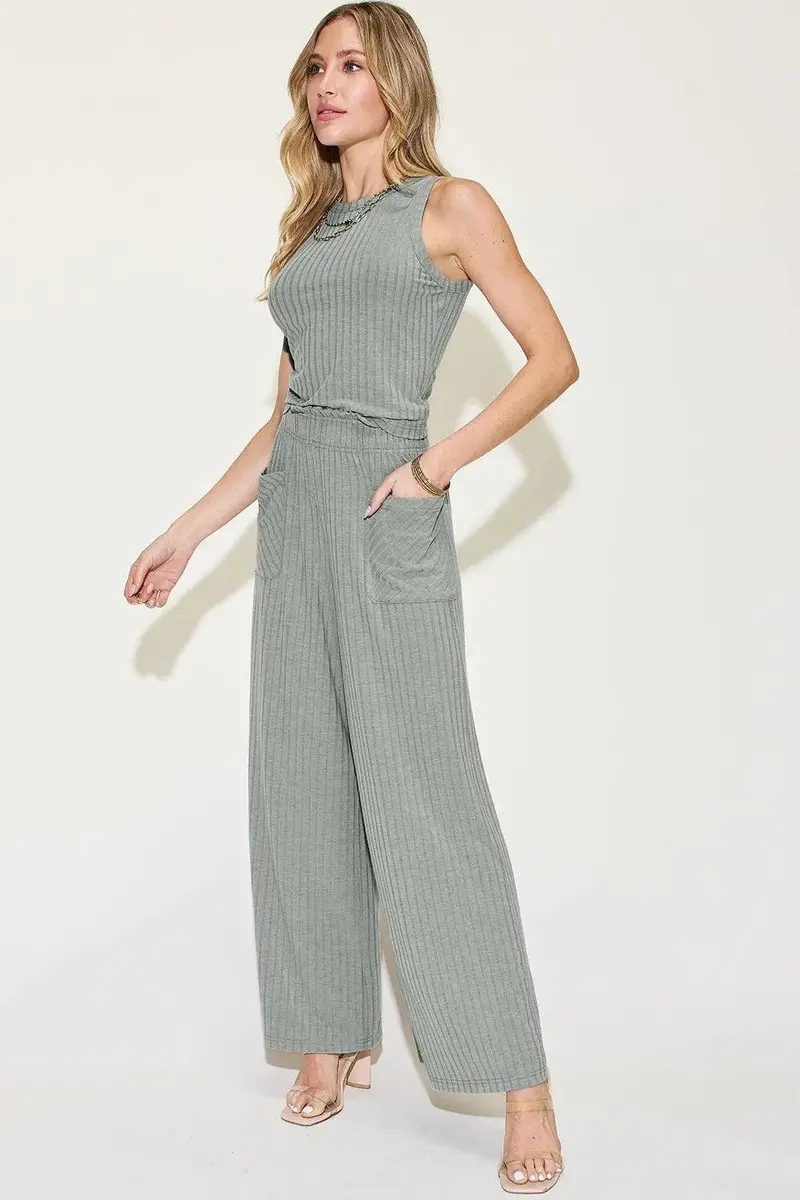 Basic Bae Full Size Ribbed Tank And Wide Leg Pants Set 3
