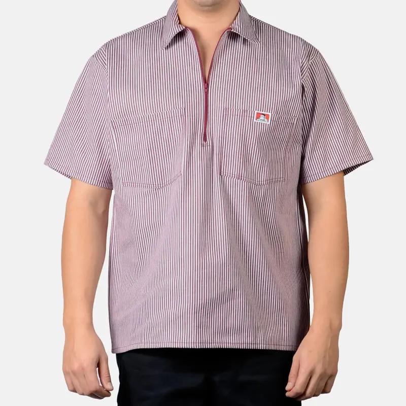 Ben Davis Men's Half-Zip Striped Short Sleeve Work Shirt_Burgundy 1