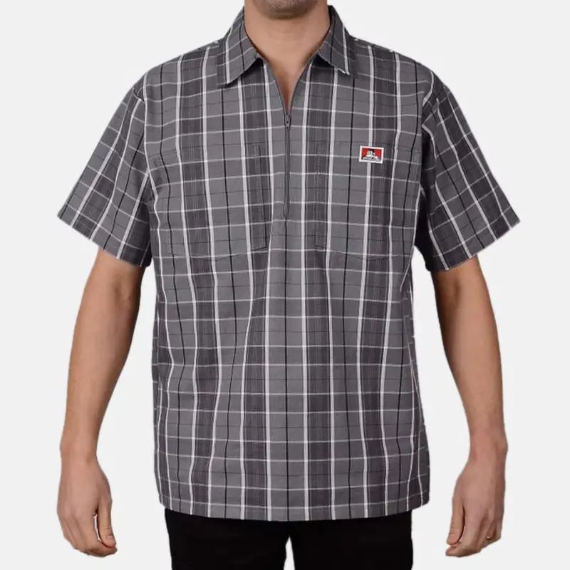 Ben Davis Men's Short Sleeve 1/2 Zip Plaid Work Shirt 1