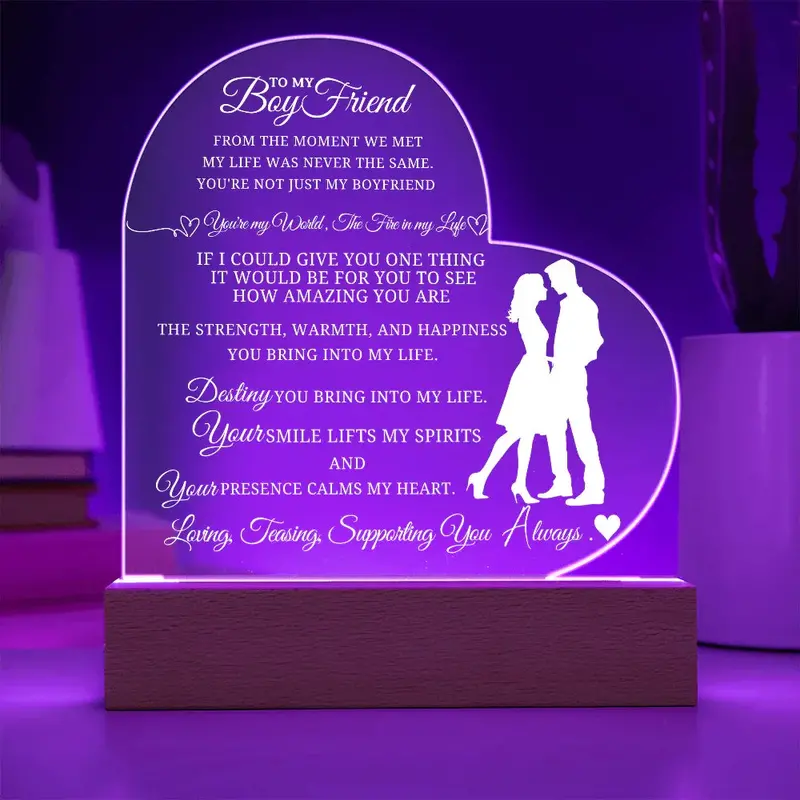 Best Gift For Boyfriend . Acrylic Heart Plaque With Led Light Base 2