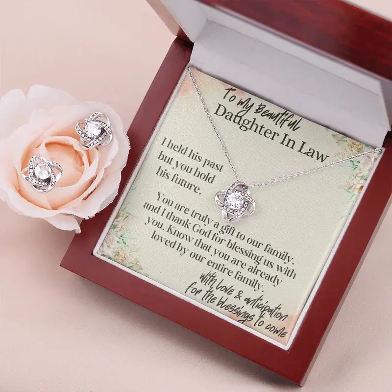 Best Gift For Daughter In Law. Love Knot Necklace & Earring Set 1