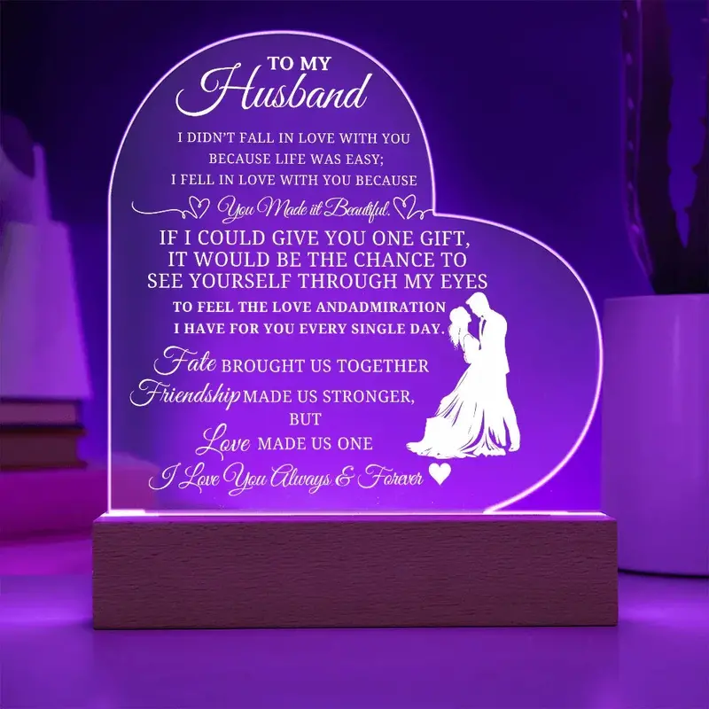Best Gift For Husband. Printed Heart Acrylic Plaque With Led Light Base 2