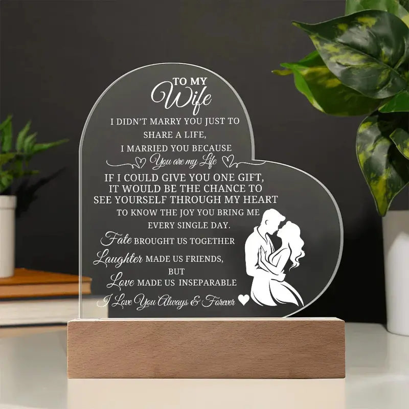 Best Gift For Wife. Acrylic Heart Plaque With Led Light Base 1
