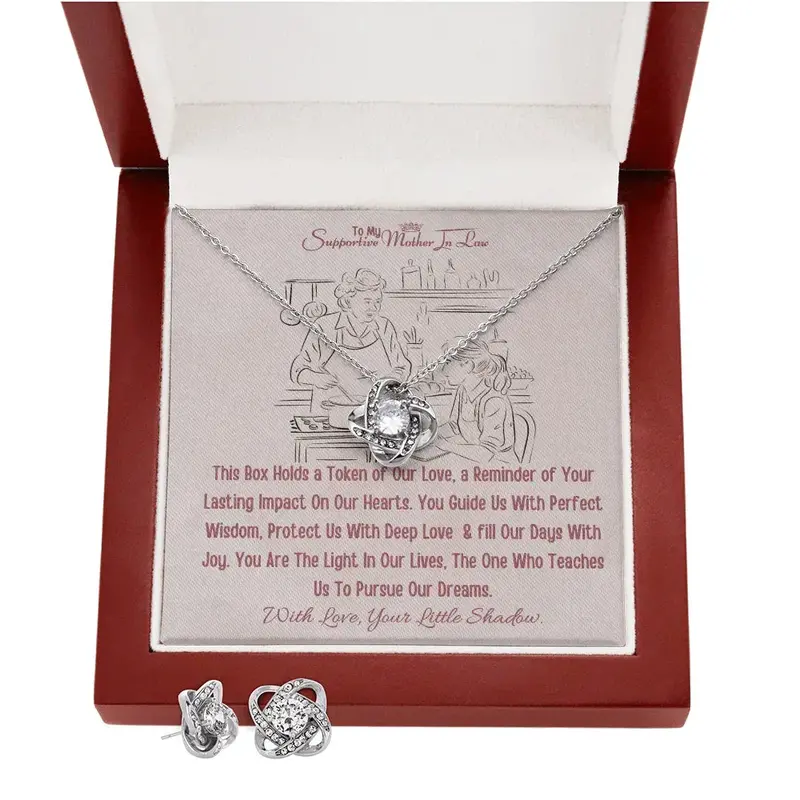 Best Gift From Daughter To Mother In Law. Love Knot Necklace & Earring Set 2